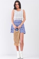 White & Navy Horizontal Striped Round Neck Sleeveless Floral Embroidery Laye... - Image 2