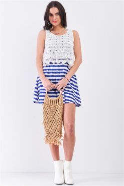 White & Navy Horizontal Striped Round Neck Sleeveless Floral Embroidery Laye...
