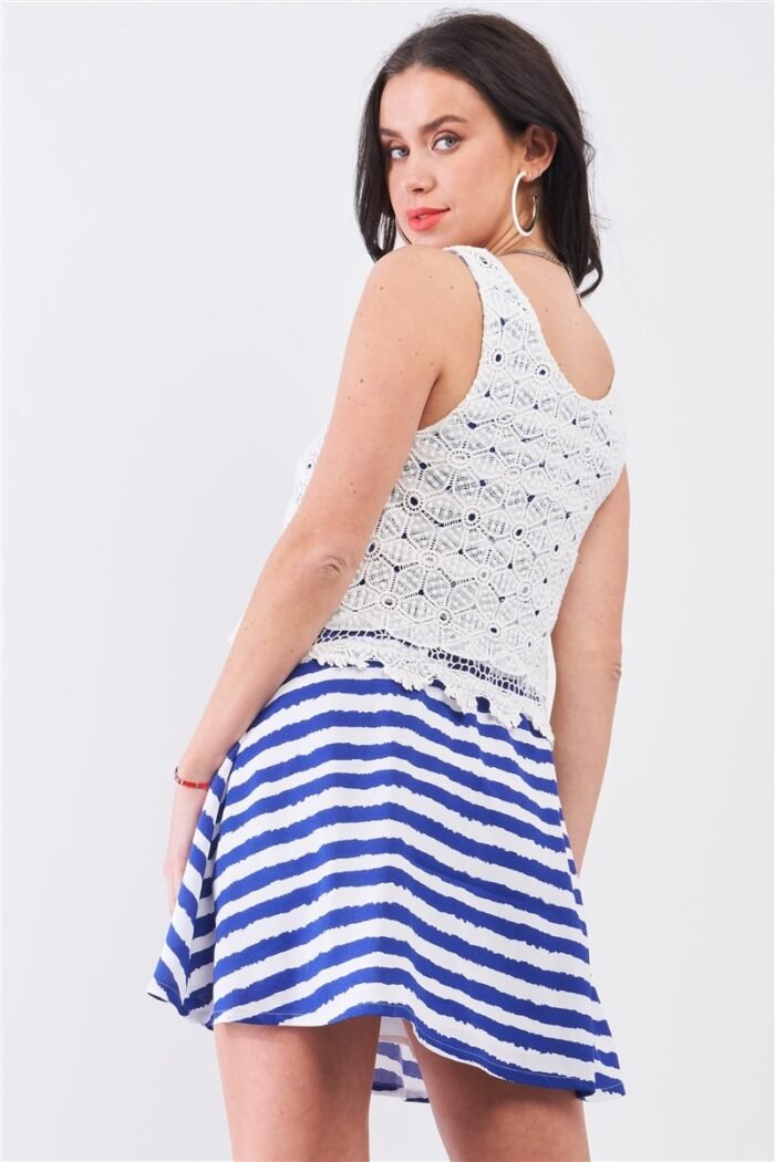 White & navy horizontal striped round neck sleeveless floral embroidery laye... - image 3