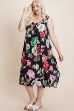 Plus Size Floral Bulgari Printed Tank Midi Dress With Asymmetrical Hem - Image 3