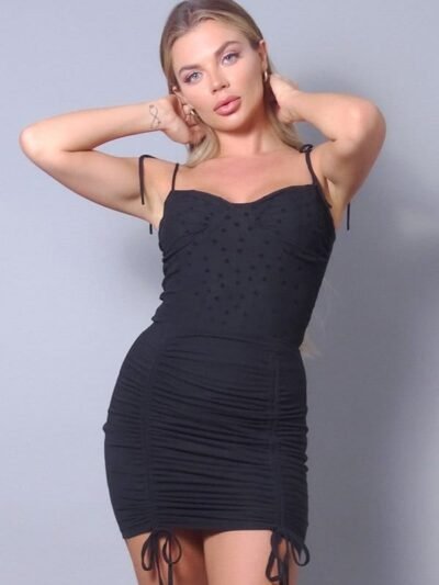 Romantic Gathered Bust Shoulder Tie Polka Dot Bodysuit
