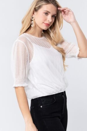 Elbow Slv Dot Mesh Top W/inner Cami Elbow Slv Dot Mesh Top W/inner Cami