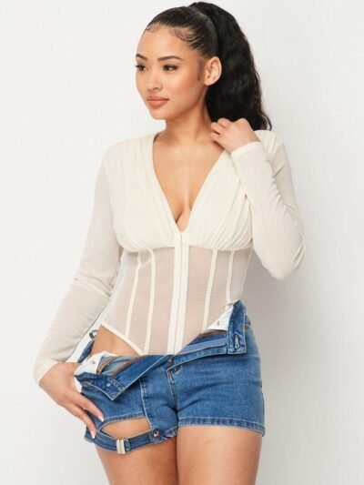 Fishnet Sheer Mesh Back Deep V Neck Bodysuit