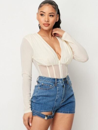 Fishnet Sheer Mesh Back Deep V Neck Bodysuit Fishnet Sheer Mesh Back Deep V Neck Bodysuit