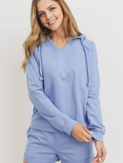 French Terry Hood With V-neck Long Sleeve Top