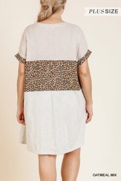 Linen Blend Short Folded Sleeve Animal Print Colorblocked V-neck Dress With ...