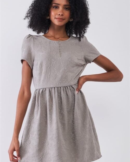 Silver Grey Floral Embroidery Round Neck Short Sleeve Mini Dress
