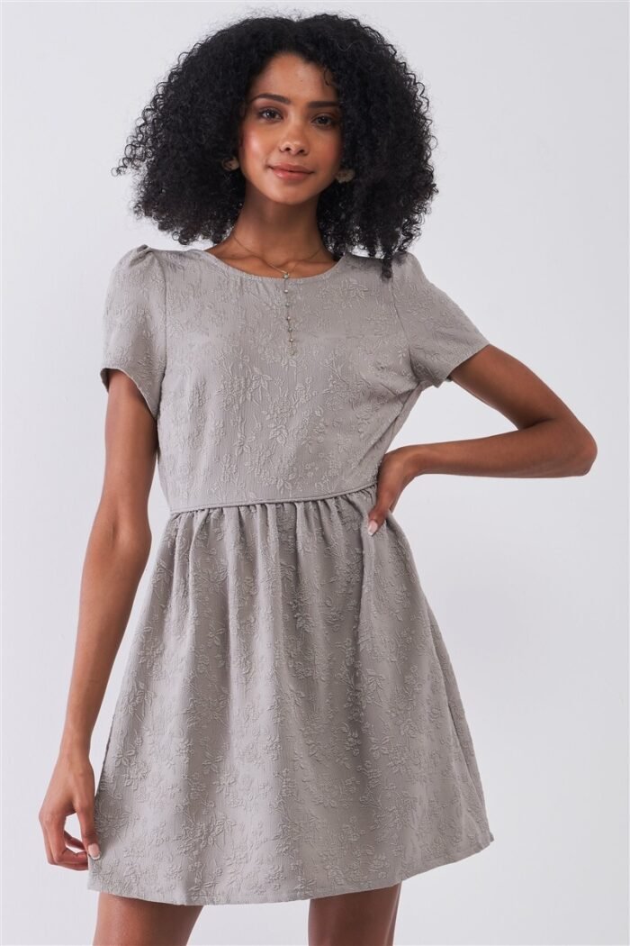 Silver grey floral embroidery round neck short sleeve mini dress - image 1