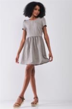 Silver Grey Floral Embroidery Round Neck Short Sleeve Mini Dress - Image 2