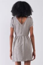 Silver Grey Floral Embroidery Round Neck Short Sleeve Mini Dress - Image 3