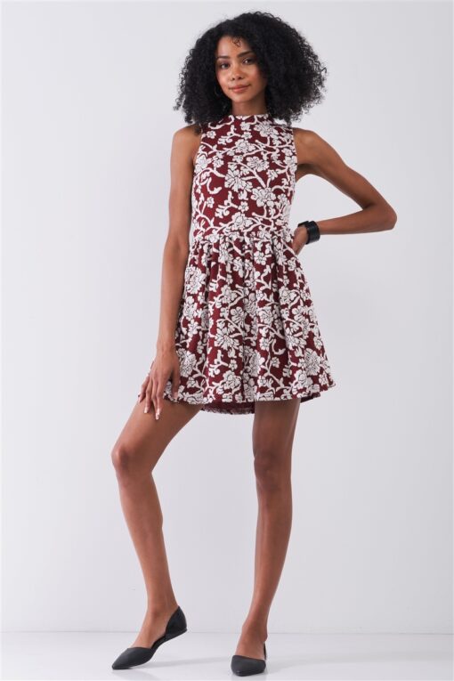 Burgundy & White Floral Crew Neck Sleeveless Fitted Mini Dress - Image 2