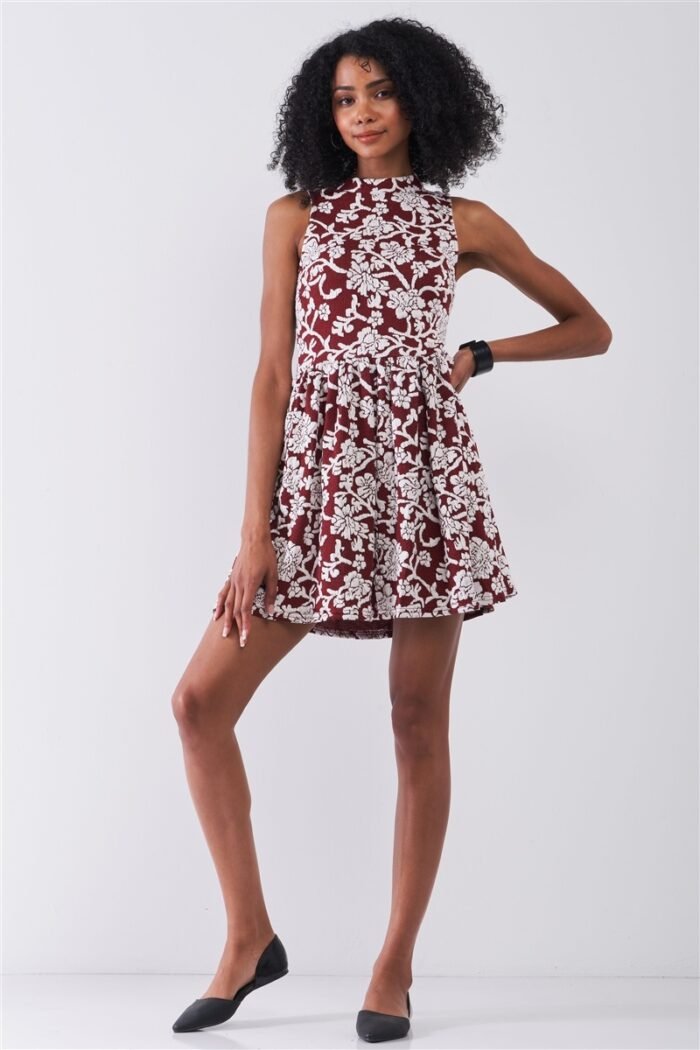 Burgundy & white floral crew neck sleeveless fitted mini dress