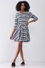 Navy & White Multi Print Round Neck 3/4 Sleeve A-line Mini Dress - Image 2
