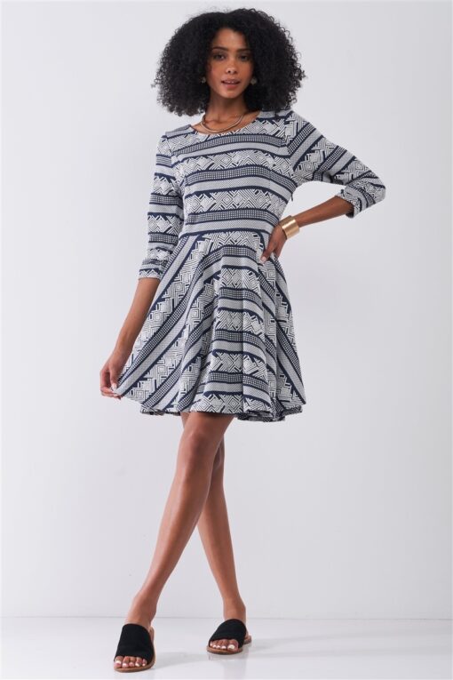 Navy & White Multi Print Round Neck 3/4 Sleeve A-line Mini Dress - Image 2