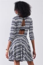 Navy & White Multi Print Round Neck 3/4 Sleeve A-line Mini Dress - Image 3