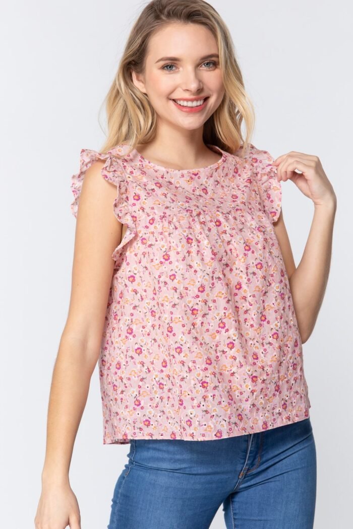 Ruffle Sleeveless Print Woven Top - Image 1