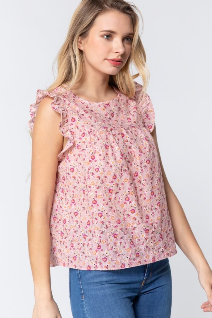 Ruffle Sleeveless Print Woven Top - Image 3