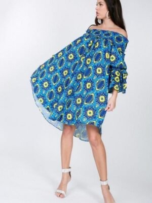 Puffy Ruffle Sleeve Smocking Off Shoulder Print Midi Dress