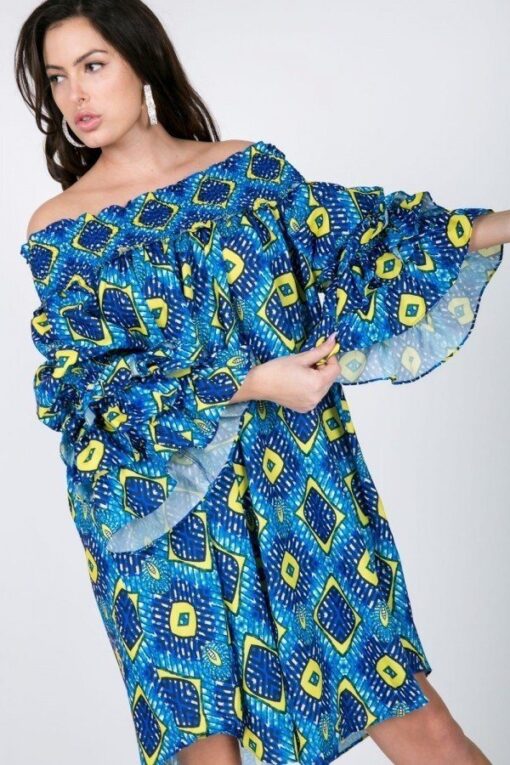 Puffy Ruffle Sleeve Smocking Off Shoulder Print Midi Dress - Image 2