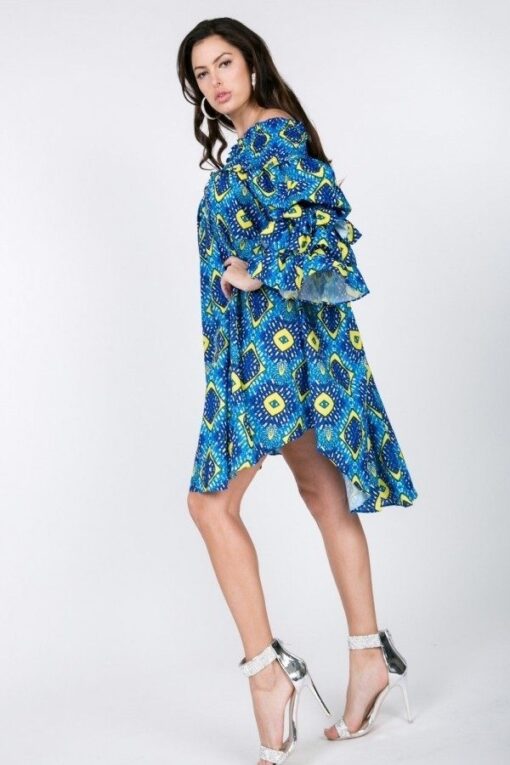 Puffy Ruffle Sleeve Smocking Off Shoulder Print Midi Dress - Image 3