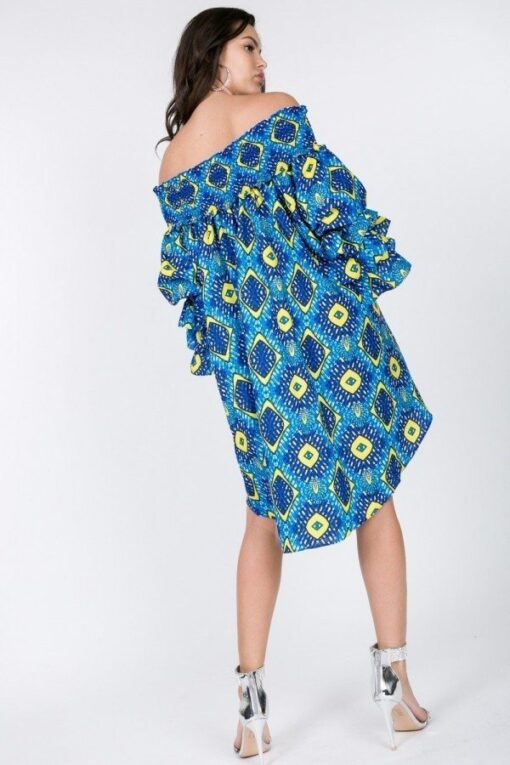 Puffy Ruffle Sleeve Smocking Off Shoulder Print Midi Dress - Image 4