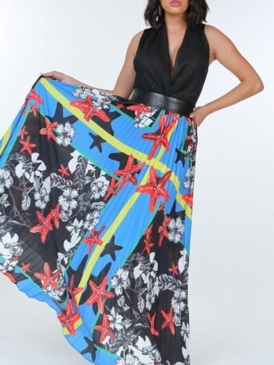 boho pleated maxi skirt print women