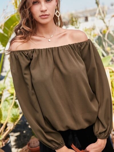 Off Shoulder Long Bubble Sleeve Solid Top Off Shoulder Long Bubble Sleeve Solid Top