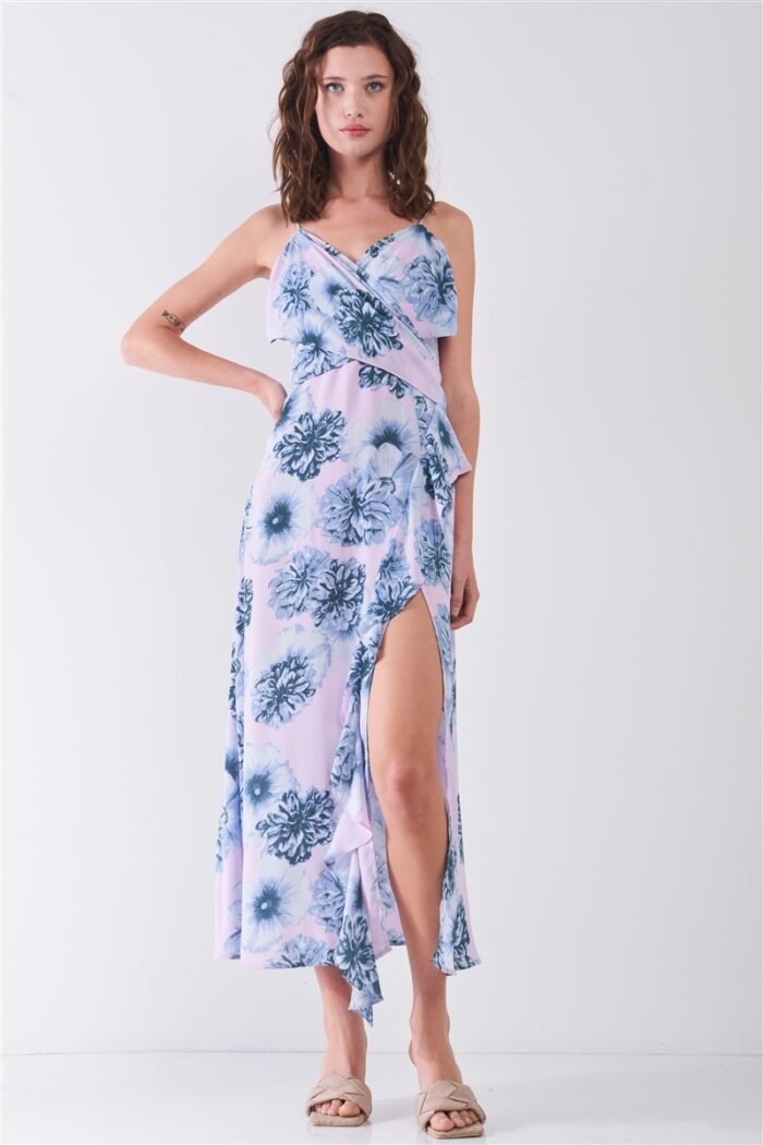 Floral print sleeveless self-tie wide wrap front ruffle hem side slit detail... - image 4