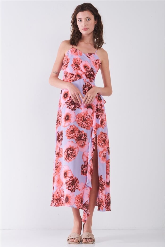 Floral print sleeveless self-tie wide wrap front ruffle hem side slit detail... - image 1