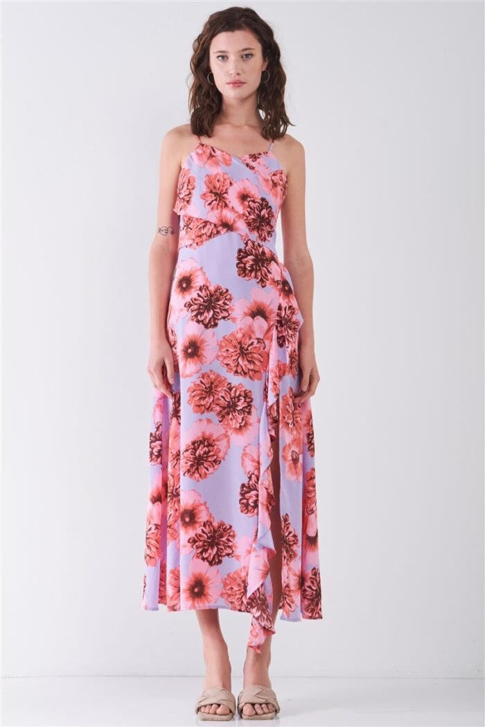 Floral print sleeveless self-tie wide wrap front ruffle hem side slit detail... - image 2