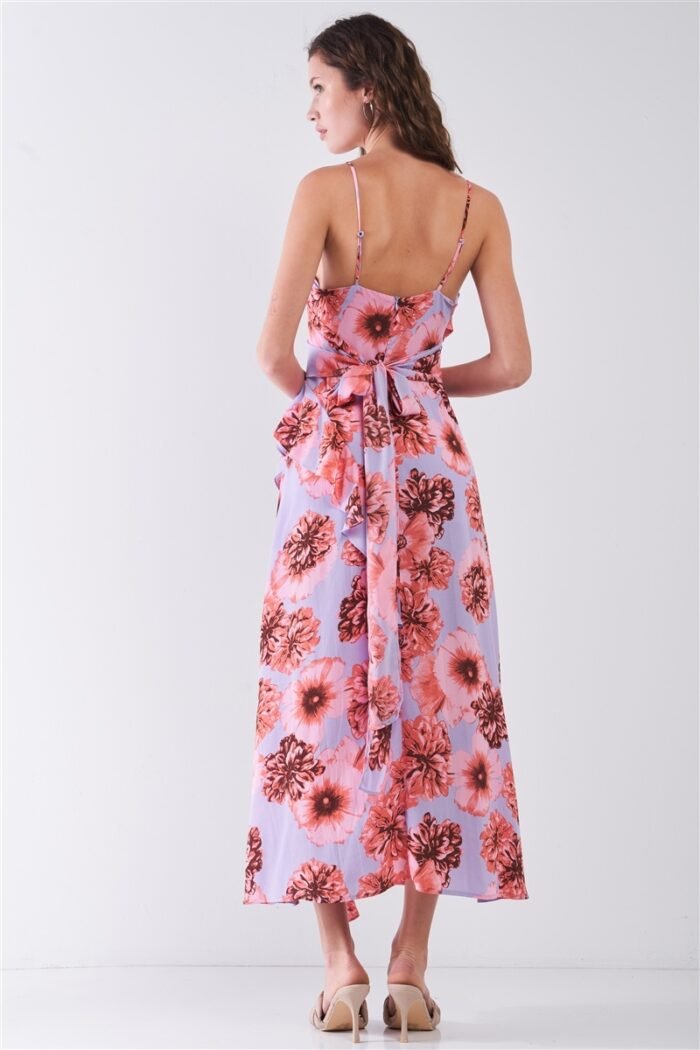 Floral print sleeveless self-tie wide wrap front ruffle hem side slit detail... - image 3