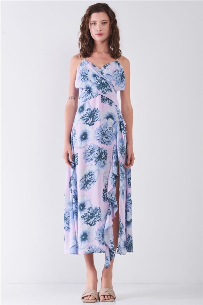Floral print sleeveless self-tie wide wrap front ruffle hem side slit detail... - image 5