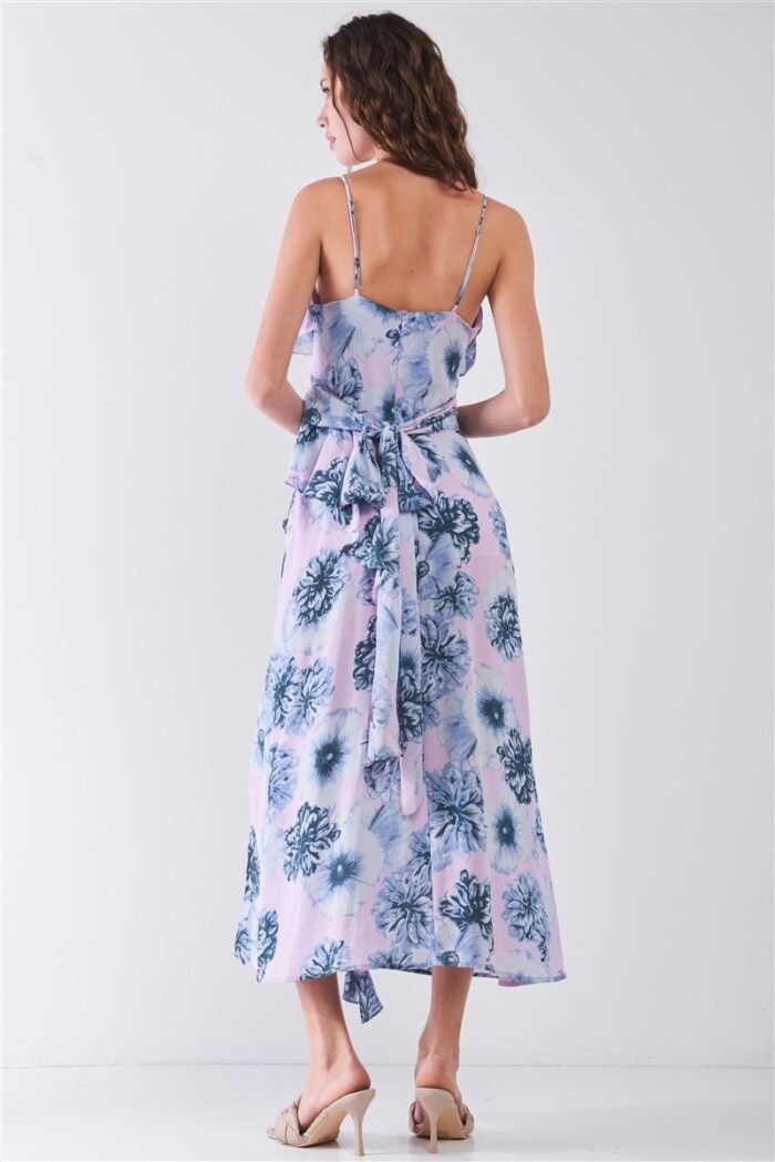 Floral print sleeveless self-tie wide wrap front ruffle hem side slit detail... - image 6