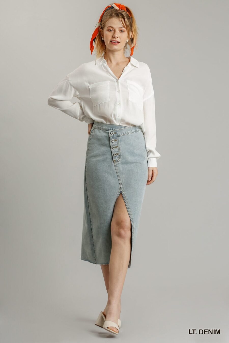 Asymmetrical waist and button up front split denim skirt with back pockets a... - image 2
