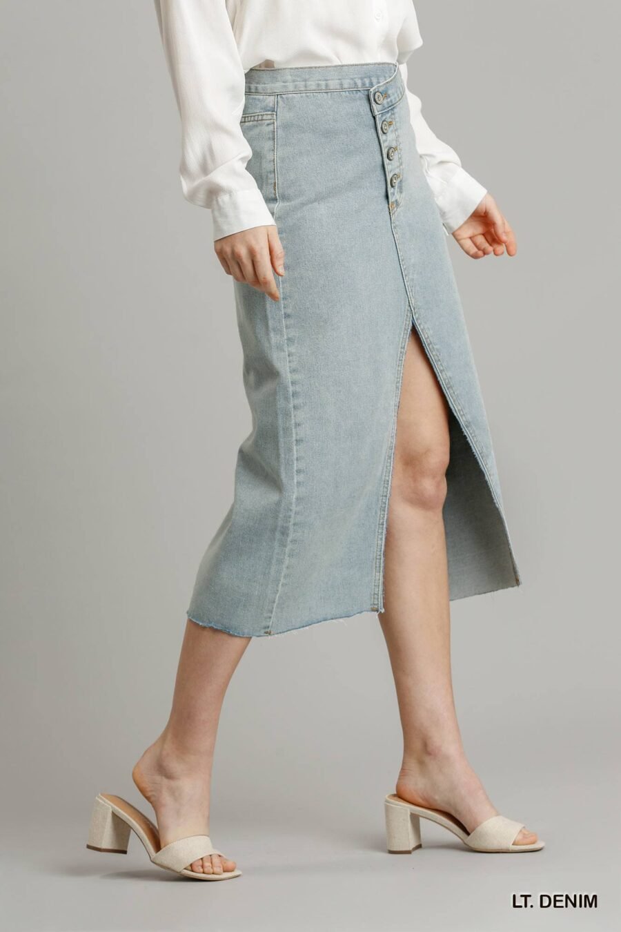 Asymmetrical waist and button up front split denim skirt with back pockets a... - image 3