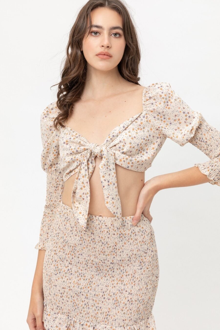 Front tie woven printed top