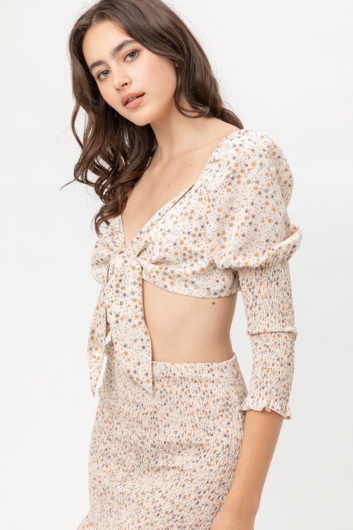 Front tie woven printed top