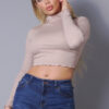 Long Sleeve Purl Edge Layer Crop Top – Chic, Textured, and Stylish Cropped Top in Black, White, and Taupe"