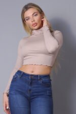 Long Sleeve Purl Edge Layer Crop Top – Chic, Textured, and Stylish Cropped Top in Black, White, and Taupe"