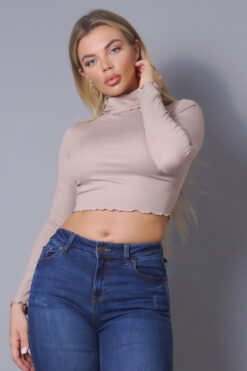 Long Sleeve Purl Edge Layer Crop Top – Chic, Textured, and Stylish Cropped Top in Black, White, and Taupe"
