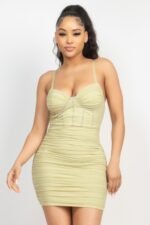 Stone Cami Shirred Bodycon Dress – Light Green Mini Dress with Sweetheart Neckline, Shirred Detailing, and Adjustable Straps