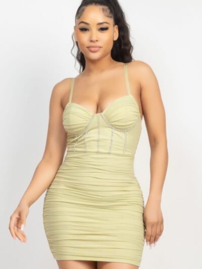 Stone Cami Shirred Bodycon Dress – Light Green Mini Dress with Sweetheart Neckline, Shirred Detailing, and Adjustable Straps