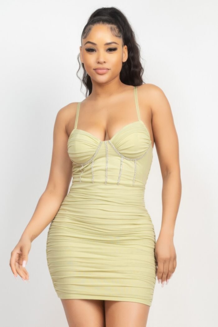 Stone cami shirred bodycon dress – light green mini dress with sweetheart neckline, shirred detailing, and adjustable straps