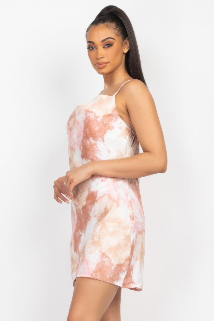 Satin print cowl neck dress