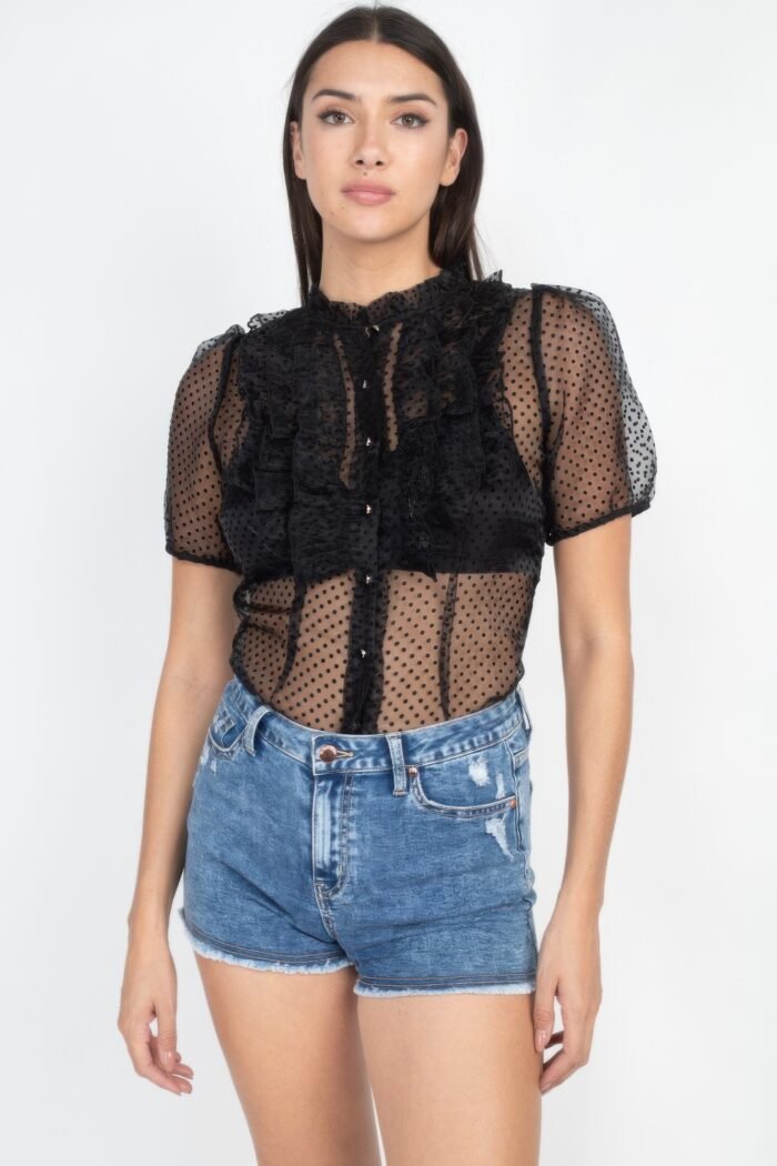 Sheer ruffle-trim dot top