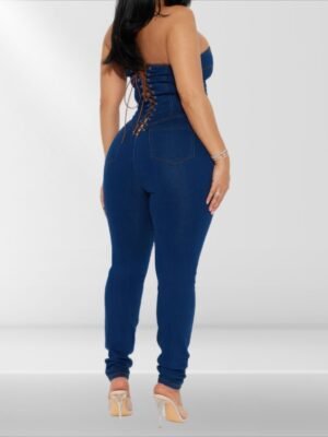 Strapless Denim Jumpsuit With Lace Up Back Strapless Denim Jumpsuit With Lace Up Back