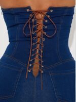 Strapless Denim Jumpsuit With Lace Up Back - Image 3
