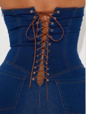 Strapless Denim Jumpsuit With Lace Up Back Strapless Denim Jumpsuit With Lace Up Back