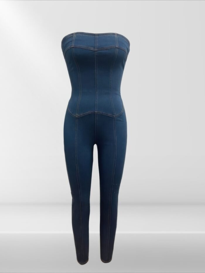 Strapless denim jumpsuit with lace up back - image 4