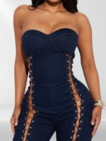 Lace Up Detail Denim Jumpsuit - Image 2